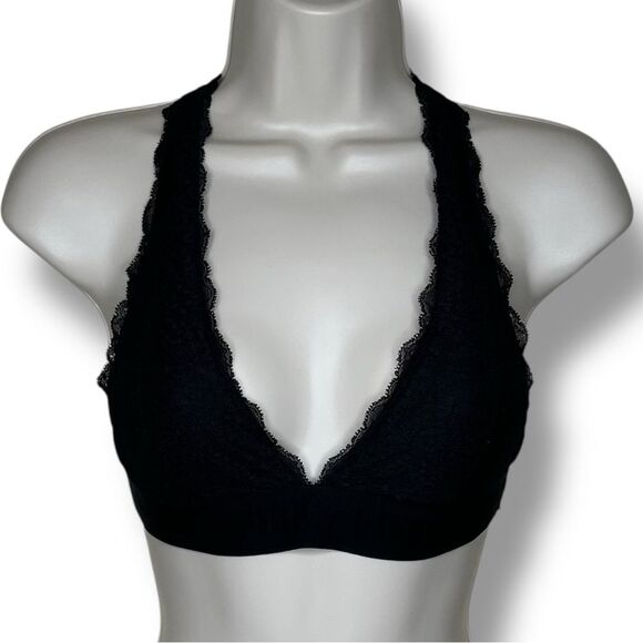 Pink Victorias Secret Black Lace Bralette Racer Halter T Back Women Size Small - Picture 1 of 16